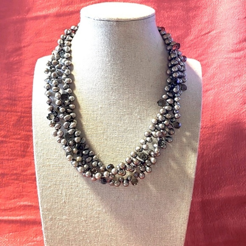 Gray Freshwater Pearl Multi Strand Vintage Statement Necklace with Toggle Clasp